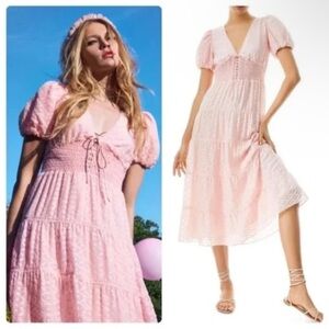 Alice + Olivia Tia Midi Dress Pink Smocked Puff Sleeve Tiered Balletcore NWT